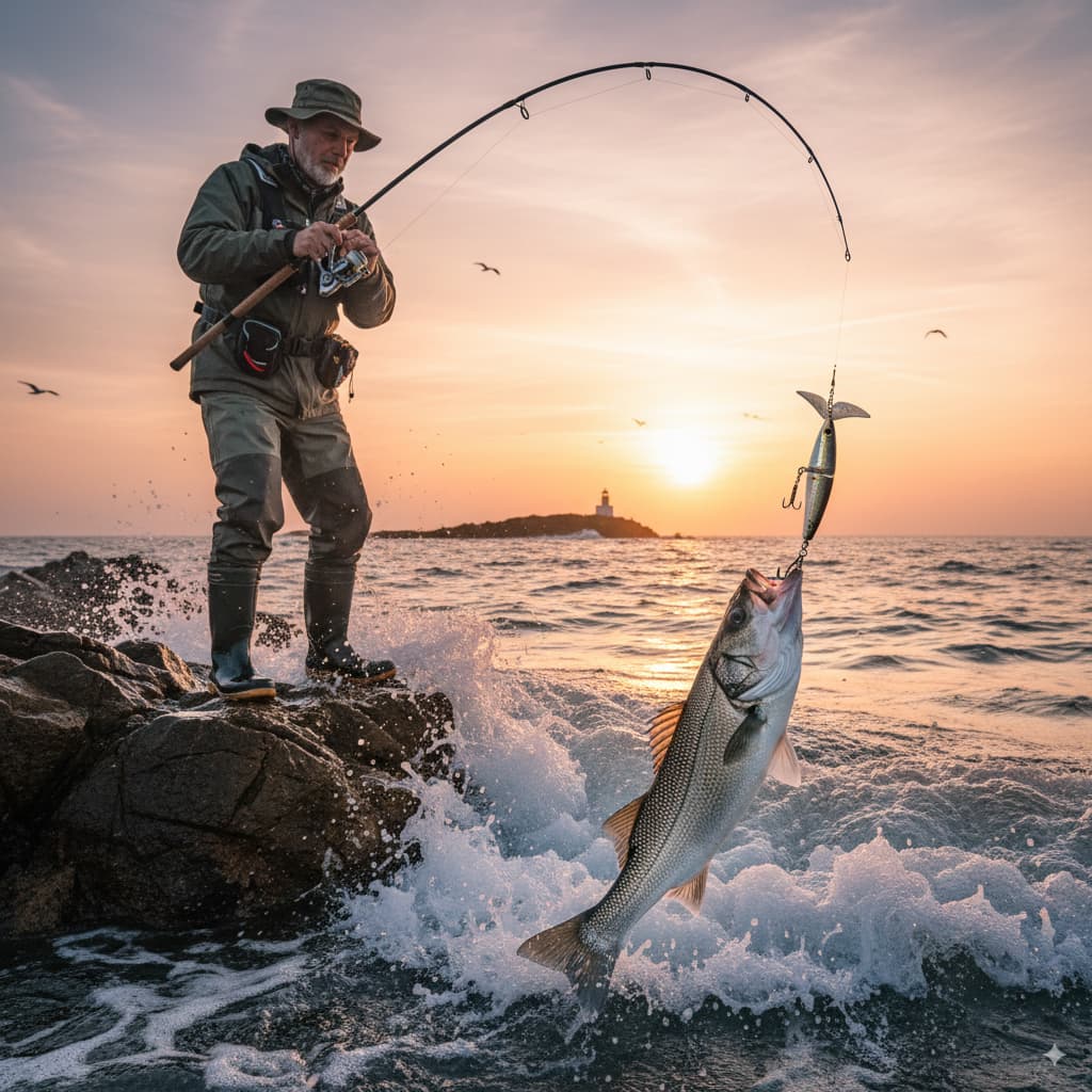 Pescador pescando una lubina a spinning